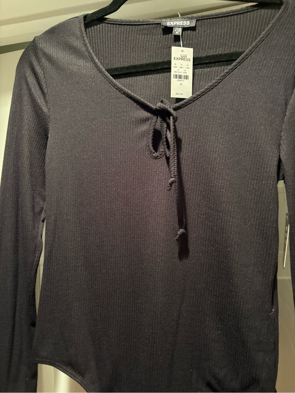 Express Black Ribbed Long-Sleeve Tie-Neck Top.  NWT